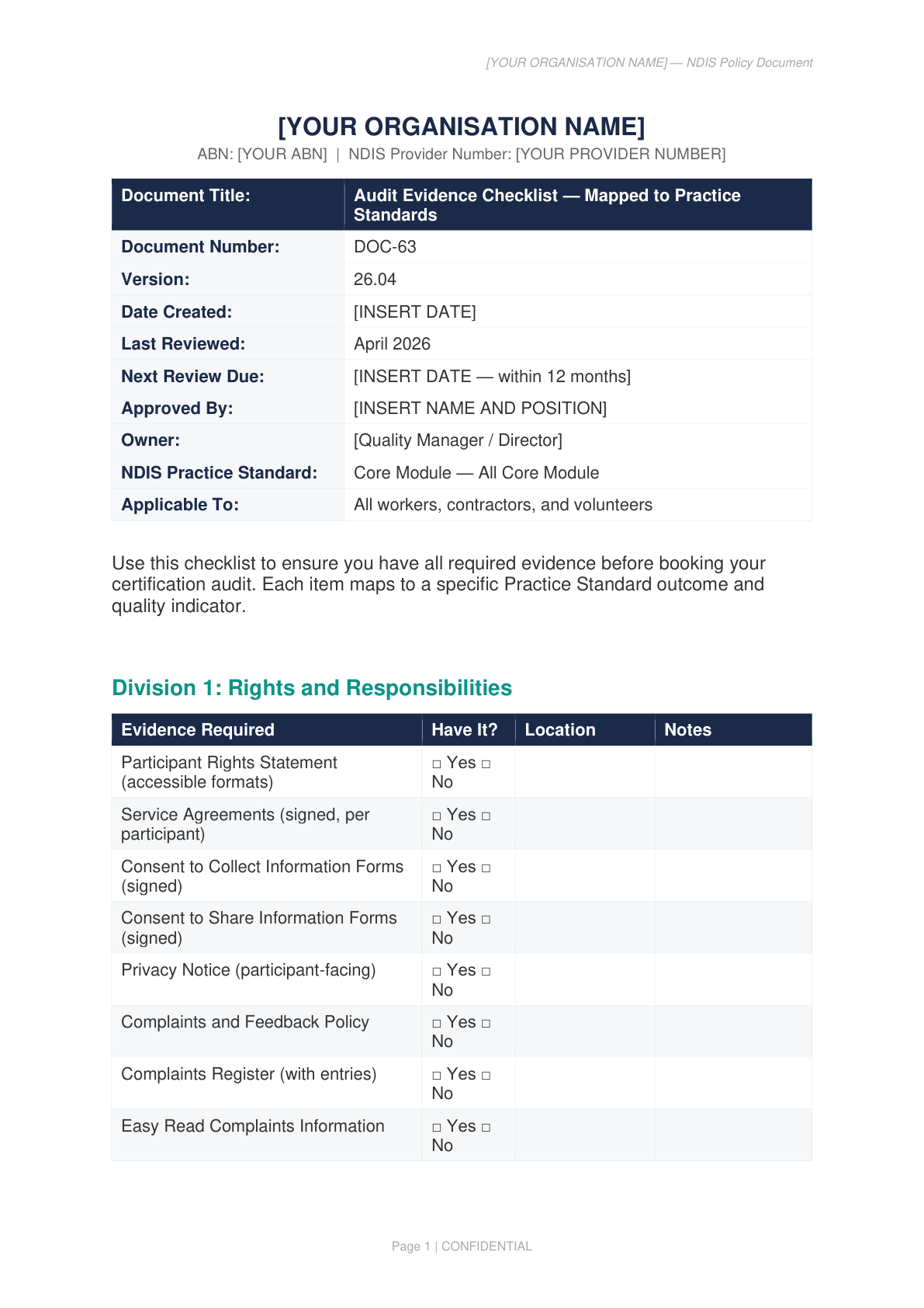 Audit Evidence Checklist, one of the 94 documents in the kit