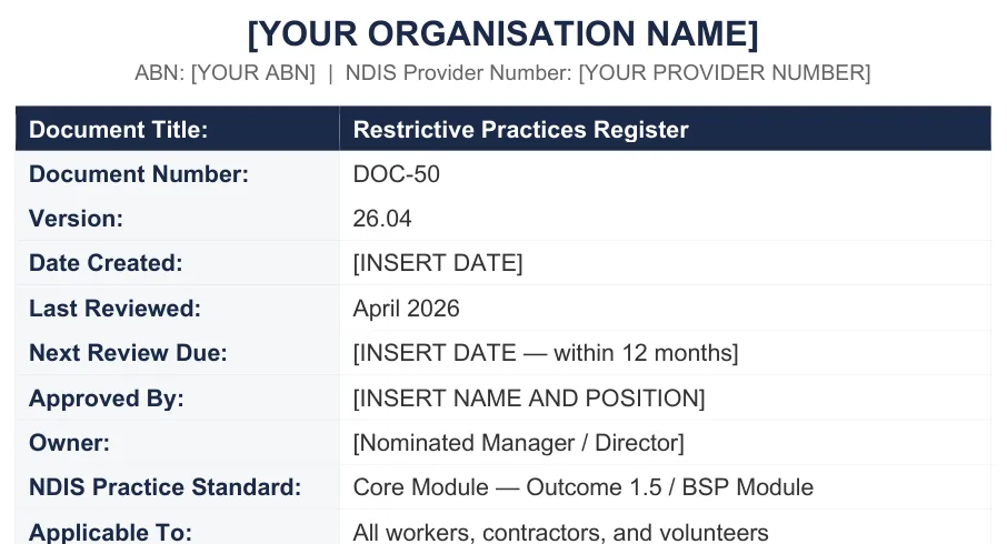 Page one of the Restrictive Practices Register showing document number DOC-50, version 26.04, reviewed April 2026, mapped to Core Module Outcome 1.5 and the BSP Module.