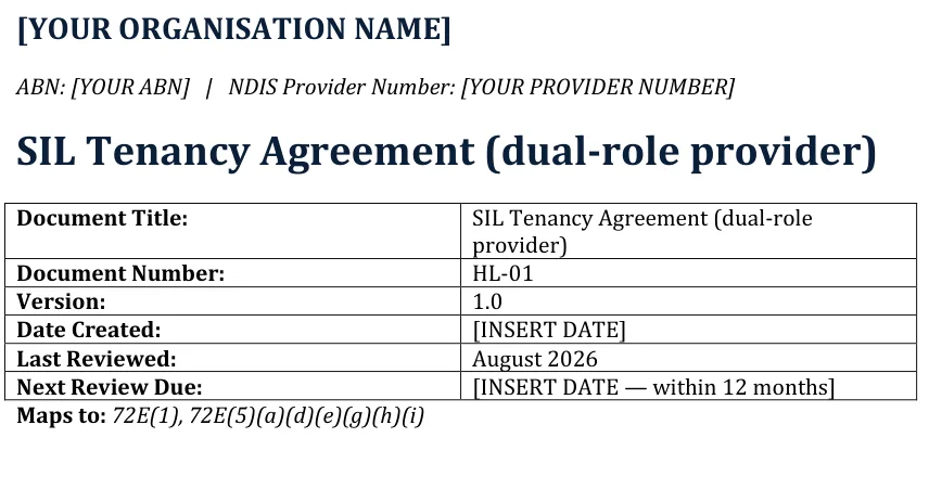 Page one of the SIL Tenancy Agreement for dual-role providers, carrying the line Maps to 72E(1), 72E(5)(a)(d)(e)(g)(h)(i).