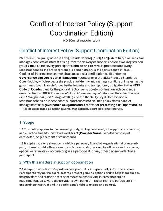 Conflict of interest policy, support coordination edition — page one, with its purpose and scope