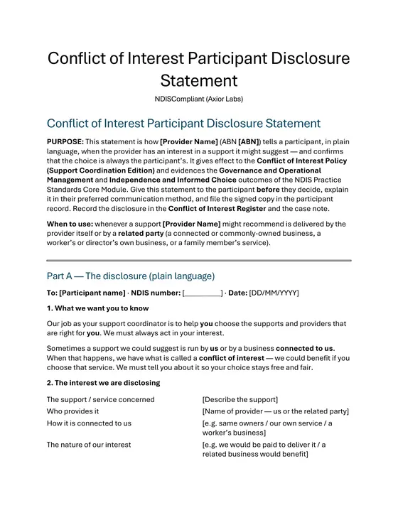 The disclosure statement the participant signs — plain language, with the signature block