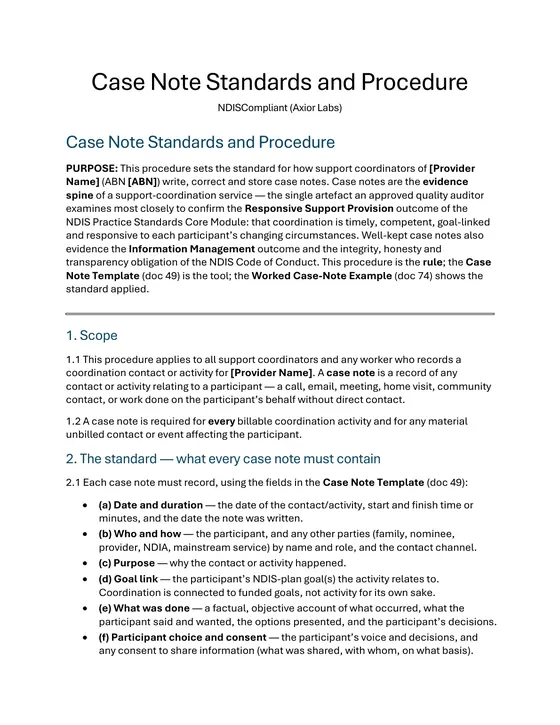 Case note standard — what every case note must contain, field by field