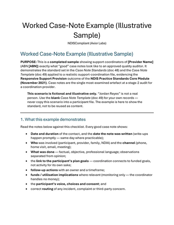 The worked example — marked fictional and illustrative on its own first page