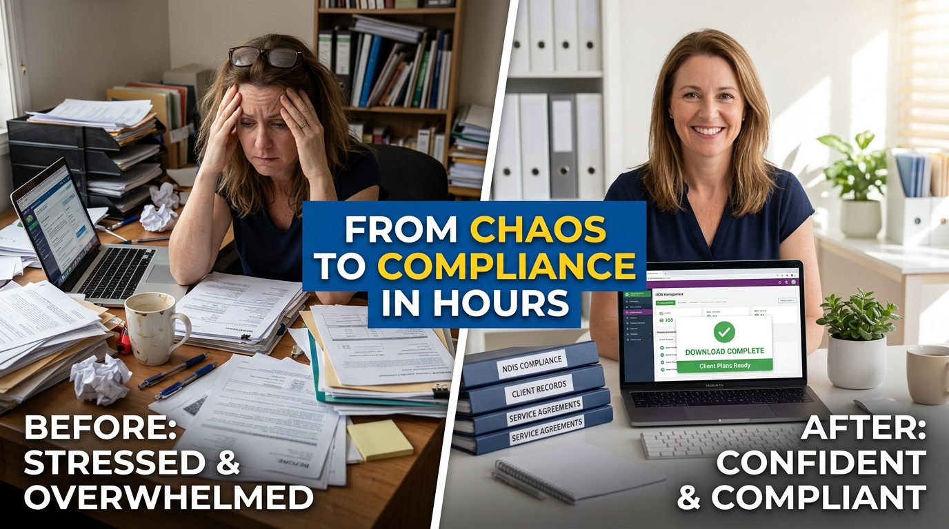 Before: a stressed SIL provider with paperwork piled around a laptop, labelled stressed and overwhelmed. After: the same person calm and confident with documents sorted, labelled confident and compliant. Banner: from chaos to compliance in hours.